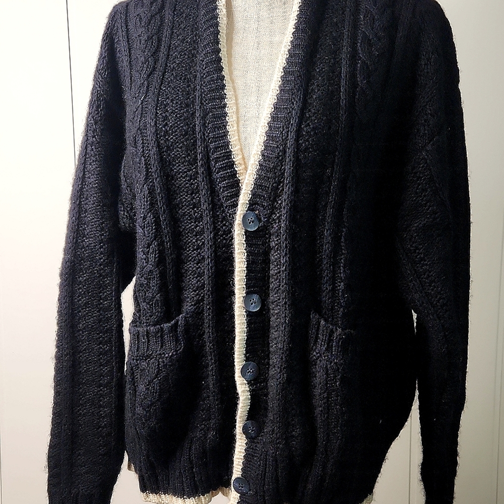 hand knit blue button-down Fishermen's Chunky cableknit Cardigan Sweater